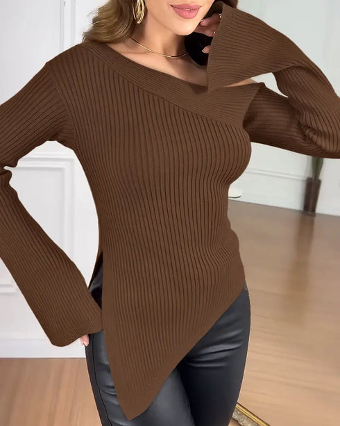 Skew Neck Split Sleeve Asymmetrical Hem Sweater Slim Fit Ribbed Top Dark Brown