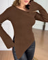 Skew Neck Split Sleeve Asymmetrical Hem Sweater Slim Fit Ribbed Top Dark Brown