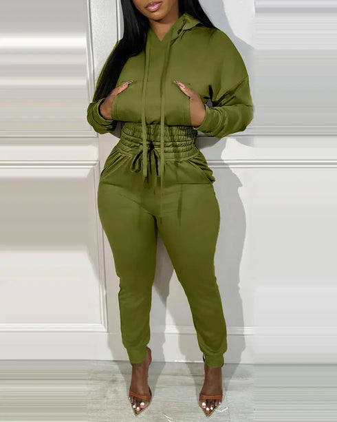 2 Pieces Outfit Drop Shoulder Kangaroo Pocket Stretchy Hem Crop Drawstring Hoodie Sweatshirt and Drawstring Elastic Waist Jogger Sweatpants Casual Tracksuit green