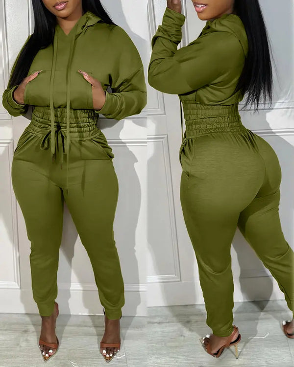 2 Pieces Outfit Drop Shoulder Kangaroo Pocket Stretchy Hem Crop Drawstring Hoodie Sweatshirt and Drawstring Elastic Waist Jogger Sweatpants Casual Tracksuit green