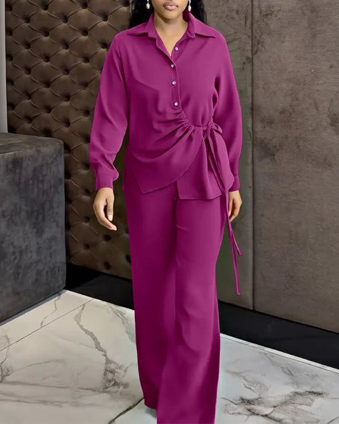 2 Pieces Outfit Turn-down Collar Button Front Drawstring Slit Asymmetrical Hem Top and Casual Elastic Back Waist Zipper Side Wide Leg Pants Set hot pink