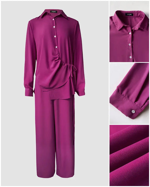 2 Pieces Outfit Turn-down Collar Button Front Drawstring Slit Asymmetrical Hem Top and Casual Elastic Back Waist Zipper Side Wide Leg Pants Set hot pink