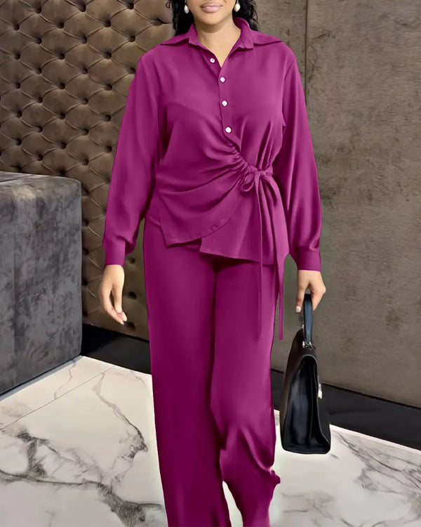 2 Pieces Outfit Turn-down Collar Button Front Drawstring Slit Asymmetrical Hem Top and Casual Elastic Back Waist Zipper Side Wide Leg Pants Set hot pink