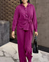 2 Pieces Outfit Turn-down Collar Button Front Drawstring Slit Asymmetrical Hem Top and Casual Elastic Back Waist Zipper Side Wide Leg Pants Set hot pink