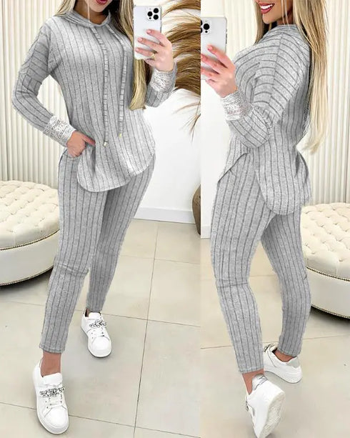 2 Pieces Outfit Drop Shoulder Lace Cuffs Asymmetrical Hem Drawstring Hoodie Top and Elastic Waist Slim Fit Pants Set Casual Brushed Ribbed Set gray