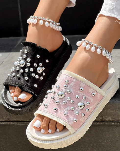 Studded Round Toe Flat Slippers black