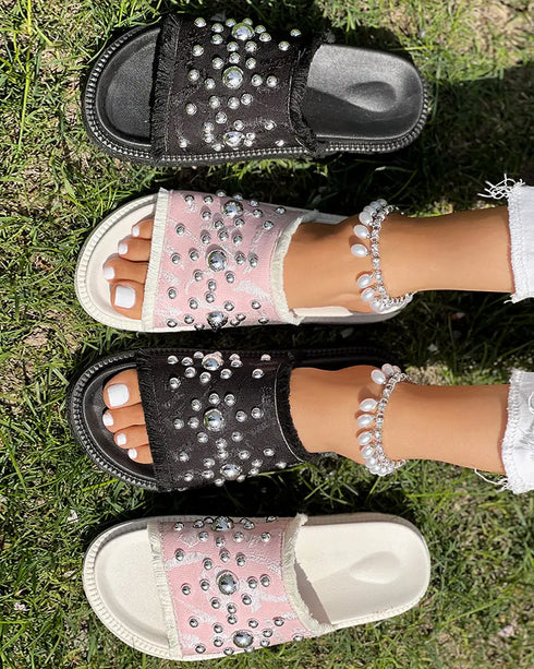 Studded Round Toe Flat Slippers black