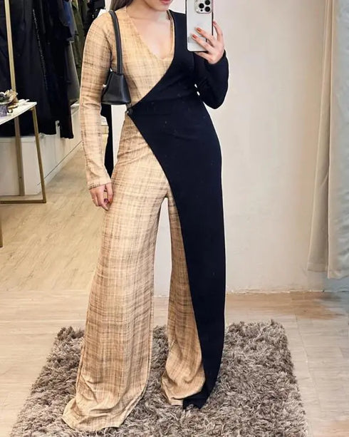Colorblock Long Sleeve V Neck Faux Two Piece Jumpsuit Casual Wide Leg Romper khaki