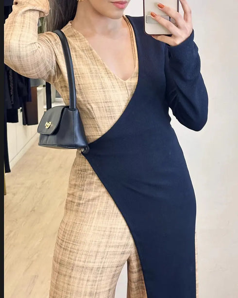 Colorblock Long Sleeve V Neck Faux Two Piece Jumpsuit Casual Wide Leg Romper khaki