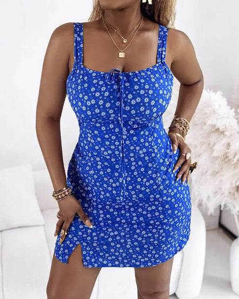 Floral Print Square Neck Thick Strap Tied Detail Romper Casual Shirred Lace-up Back Slit Skort Romper blue