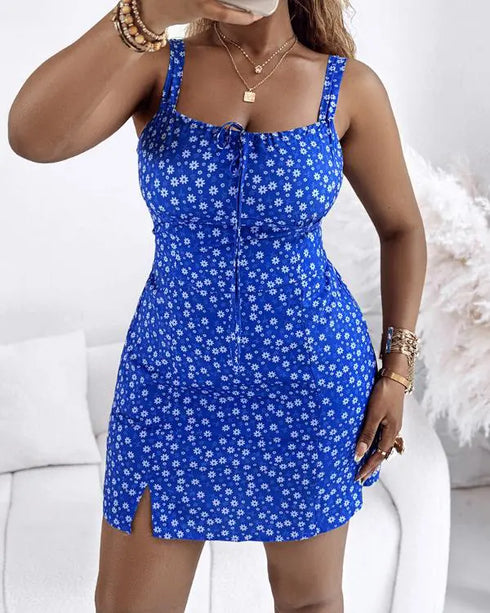Floral Print Square Neck Thick Strap Tied Detail Romper Casual Shirred Lace-up Back Slit Skort Romper blue