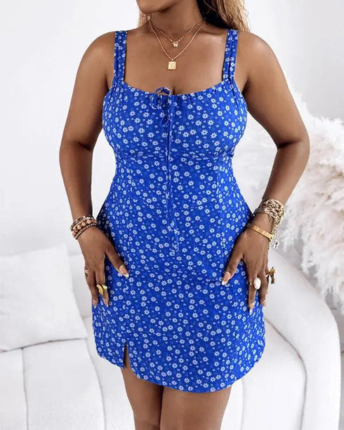Floral Print Square Neck Thick Strap Tied Detail Romper Casual Shirred Lace-up Back Slit Skort Romper blue