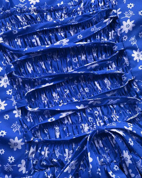 Floral Print Square Neck Thick Strap Tied Detail Romper Casual Shirred Lace-up Back Slit Skort Romper blue