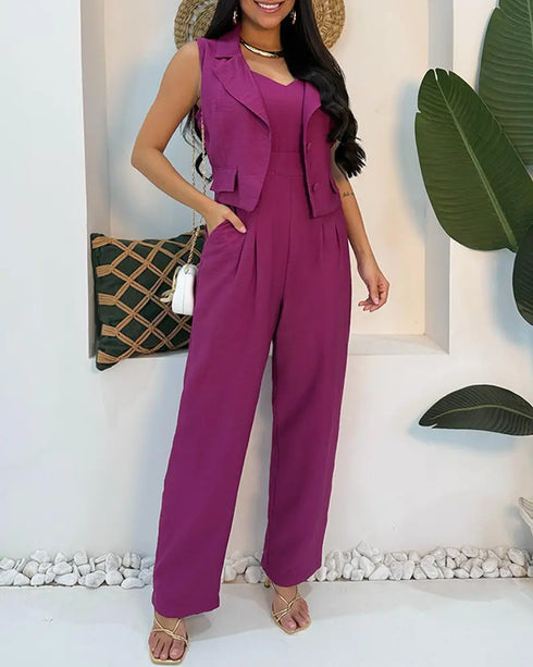 2 Pieces Outfit Sleeveless Notched Collar Crop Vest and Casual Spaghetti Strap Wide Leg Jumpsuit hot pink