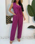 2 Pieces Outfit Sleeveless Notched Collar Crop Vest and Casual Spaghetti Strap Wide Leg Jumpsuit hot pink