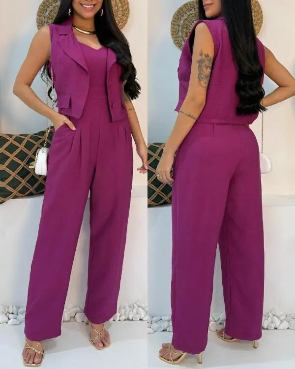 2 Pieces Outfit Sleeveless Notched Collar Crop Vest and Casual Spaghetti Strap Wide Leg Jumpsuit hot pink