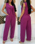 2 Pieces Outfit Sleeveless Notched Collar Crop Vest and Casual Spaghetti Strap Wide Leg Jumpsuit hot pink