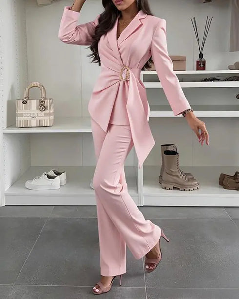 2 Pieces Outfit Notched Collar Double-Breasted Flap Detail Coat and Zipper Fly Elastic Back Waist Slim Fit Flared Pants Set Casual Blazer Set pink