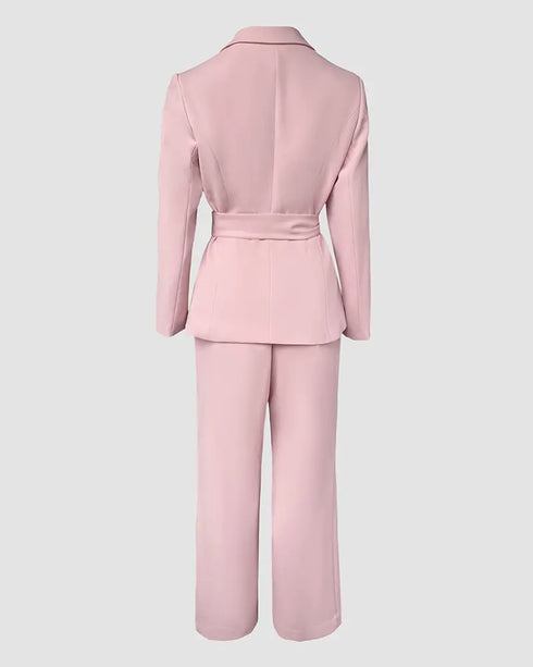 2 Pieces Outfit Notched Collar Double-Breasted Flap Detail Coat and Zipper Fly Elastic Back Waist Slim Fit Flared Pants Set Casual Blazer Set pink