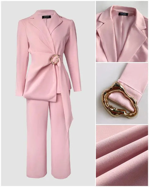 2 Pieces Outfit Notched Collar Double-Breasted Flap Detail Coat and Zipper Fly Elastic Back Waist Slim Fit Flared Pants Set Casual Blazer Set pink