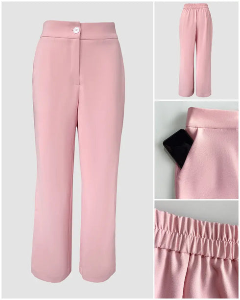 2 Pieces Outfit Notched Collar Double-Breasted Flap Detail Coat and Zipper Fly Elastic Back Waist Slim Fit Flared Pants Set Casual Blazer Set pink
