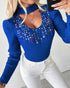 Keyhole Neck Long Sleve Pullover Knit Sweater Multicolor Rhinestone Decor Top blue
