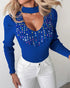 Keyhole Neck Long Sleve Pullover Knit Sweater Multicolor Rhinestone Decor Top blue