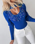 Keyhole Neck Long Sleve Pullover Knit Sweater Multicolor Rhinestone Decor Top blue