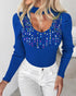 Keyhole Neck Long Sleve Pullover Knit Sweater Multicolor Rhinestone Decor Top blue