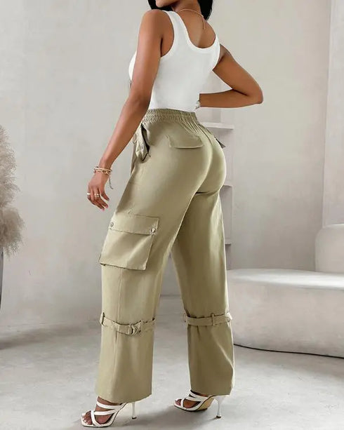 Snap Button Buckled Drawstring Cargo Pants Apricot