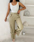 Snap Button Buckled Drawstring Cargo Pants Apricot