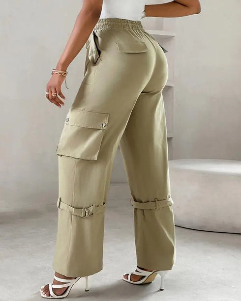 Snap Button Buckled Drawstring Cargo Pants Apricot