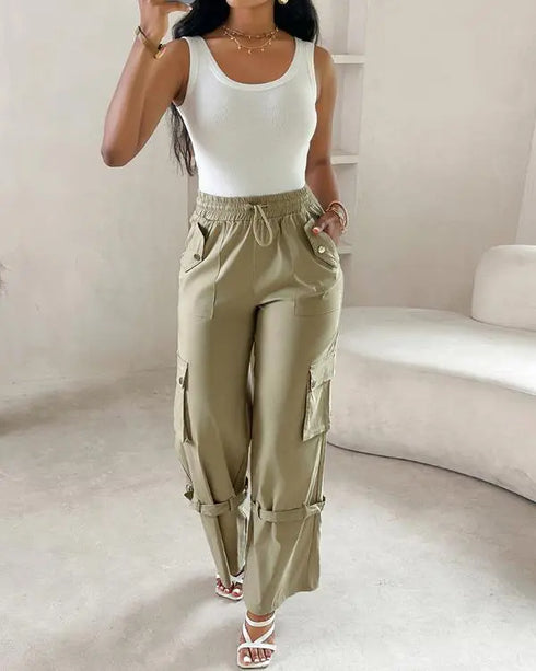 Snap Button Buckled Drawstring Cargo Pants Apricot