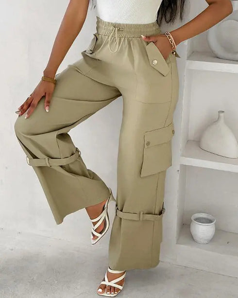 Snap Button Buckled Drawstring Cargo Pants Apricot