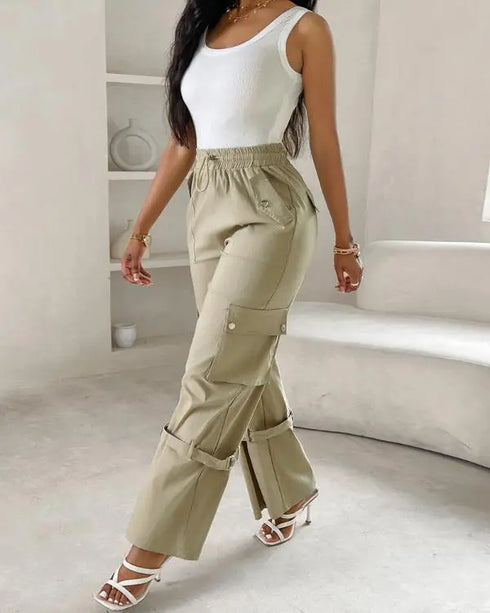 Snap Button Buckled Drawstring Cargo Pants Apricot