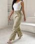 Snap Button Buckled Drawstring Cargo Pants Apricot