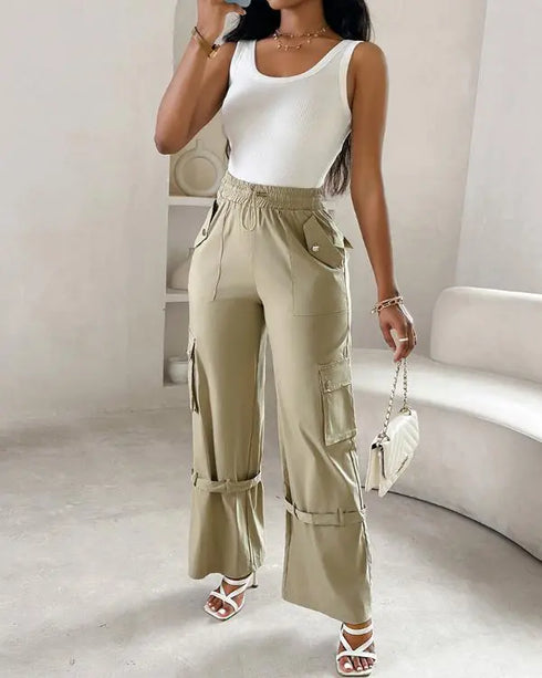 Snap Button Buckled Drawstring Cargo Pants Apricot