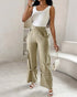 Snap Button Buckled Drawstring Cargo Pants Apricot