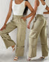 Snap Button Buckled Drawstring Cargo Pants Apricot