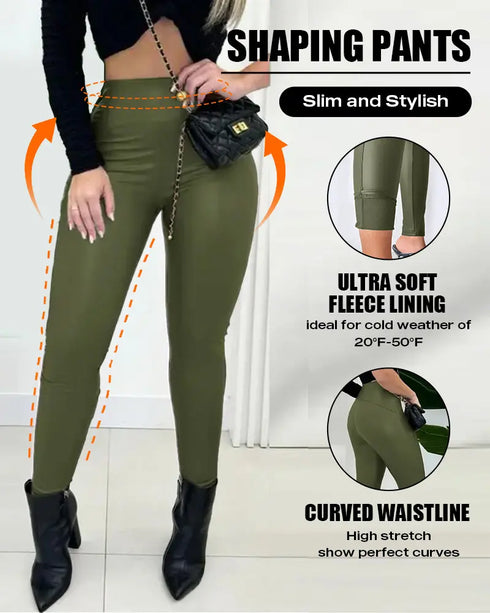 ChicMe CurveEase PU Leather Leggings High Waist Curved Fleece Lined Tights Casual Pants Army green