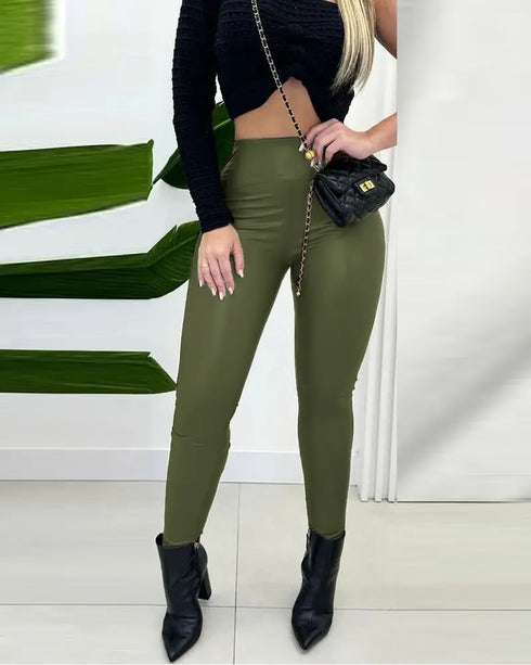 ChicMe CurveEase PU Leather Leggings High Waist Curved Fleece Lined Tights Casual Pants Army green