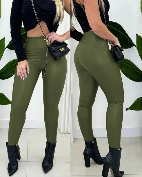 ChicMe CurveEase PU Leather Leggings High Waist Curved Fleece Lined Tights Casual Pants Army green