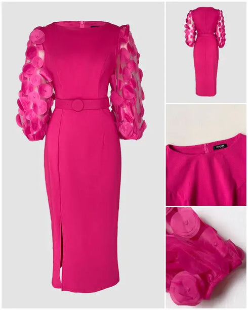 3D Polka Dot Appliques Mesh Lantern Sleeve Zipper Back Slit Work Dress Cinched Waist Slim Fit Mid-Length Dress With Belt hot pink