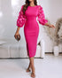 3D Polka Dot Appliques Mesh Lantern Sleeve Zipper Back Slit Work Dress Cinched Waist Slim Fit Mid-Length Dress With Belt hot pink