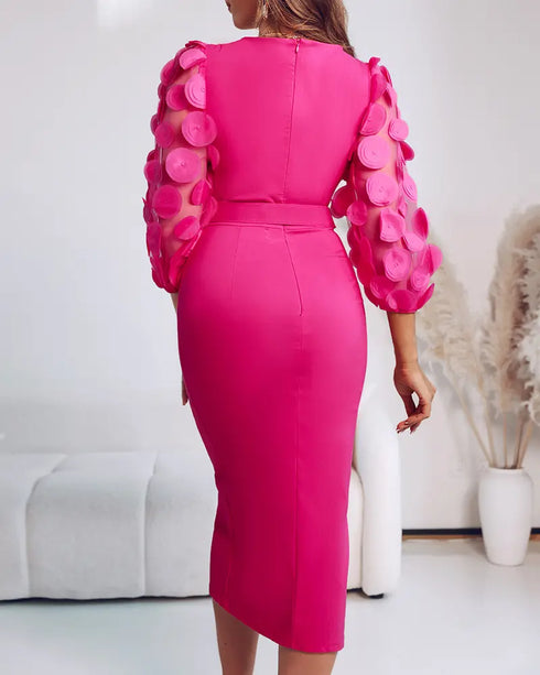 3D Polka Dot Appliques Mesh Lantern Sleeve Zipper Back Slit Work Dress Cinched Waist Slim Fit Mid-Length Dress With Belt hot pink