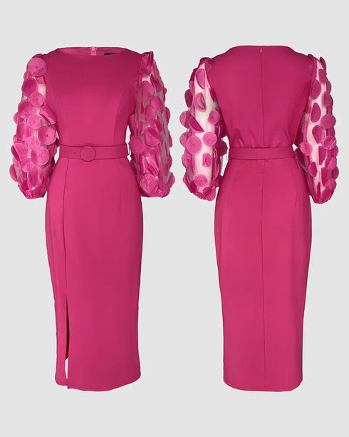 3D Polka Dot Appliques Mesh Lantern Sleeve Zipper Back Slit Work Dress Cinched Waist Slim Fit Mid-Length Dress With Belt hot pink