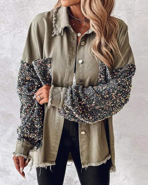 Casual Jacket Sequin Patchwork Long Sleeve Jacket Top Button Front Raw Hem Oversized Denim Shacket khaki