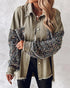 Casual Jacket Sequin Patchwork Long Sleeve Jacket Top Button Front Raw Hem Oversized Denim Shacket khaki