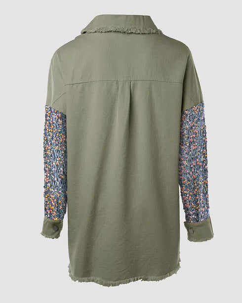 Casual Jacket Sequin Patchwork Long Sleeve Jacket Top Button Front Raw Hem Oversized Denim Shacket khaki