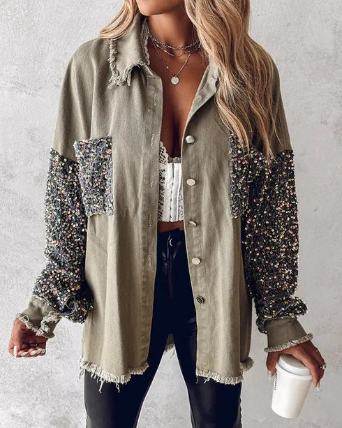 Sequin Decor Turn-down Collar Button Front Pockets Design Denim Coat Casual Fuzzy Spliced Raw Trim Shacket khaki